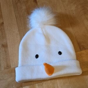 White Knit Beanie with Pom and Orange Accent